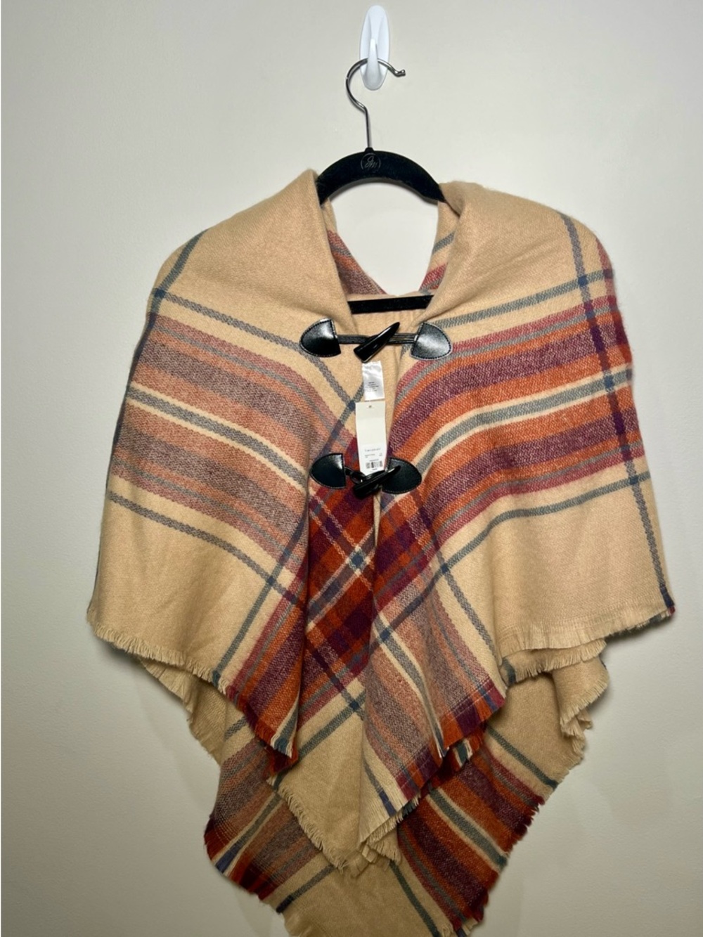 Francesca's Plaid Toggle Cape in Beige, Rust & Navy